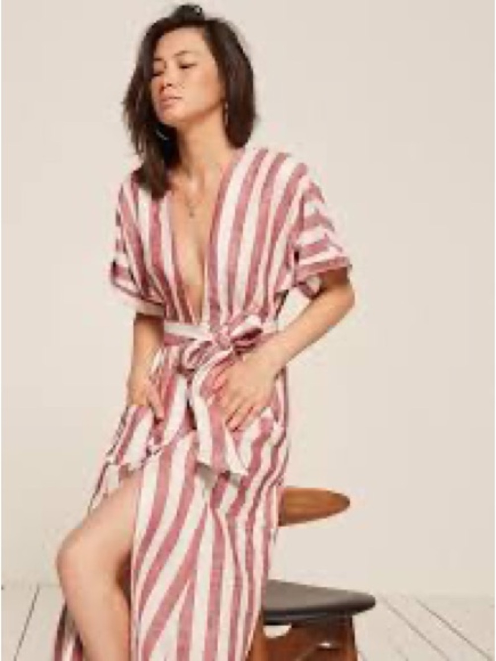Reformation Pink and White Striped Wrap Robe with Tie